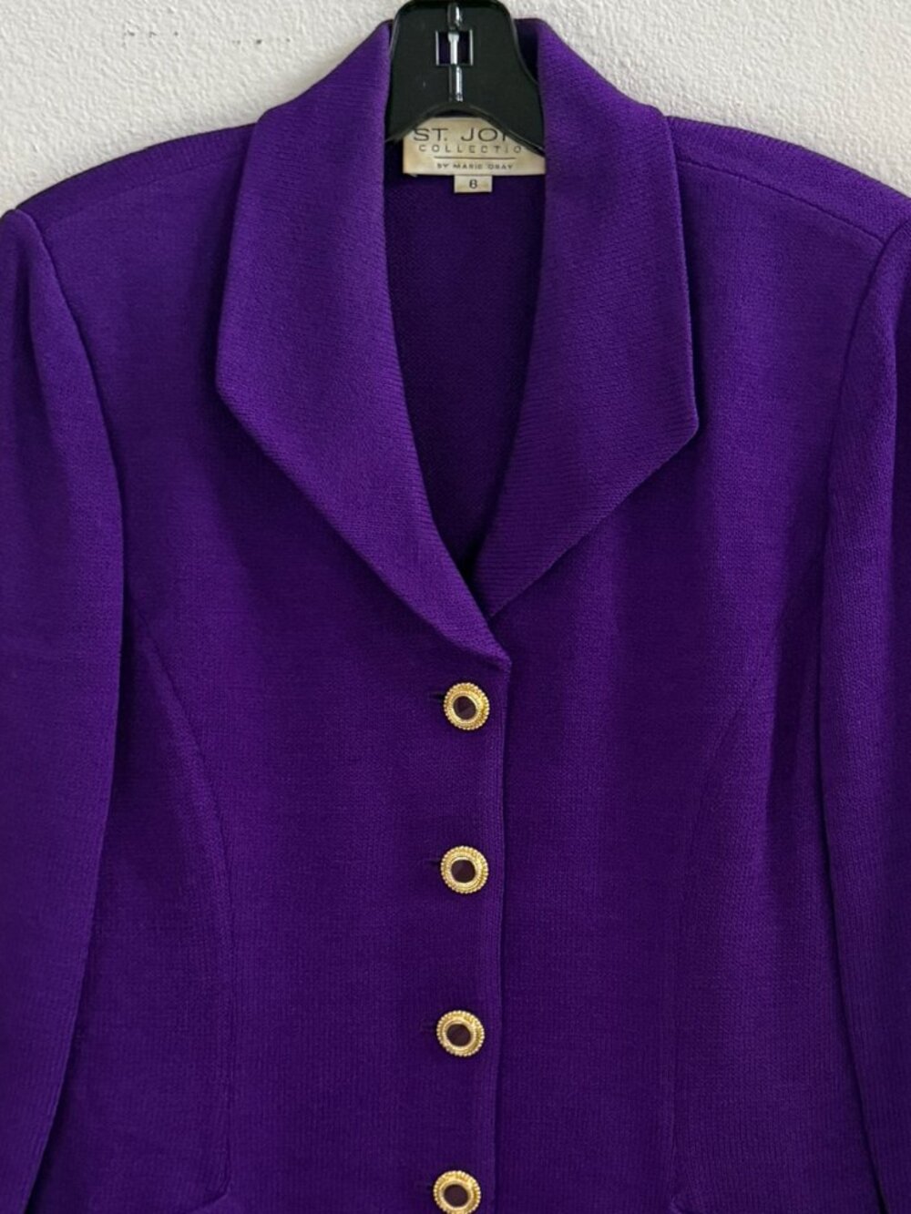 St. John Collection Santana Knit Skirt Suit Sz 6 Purple Gold Button Jacket Set